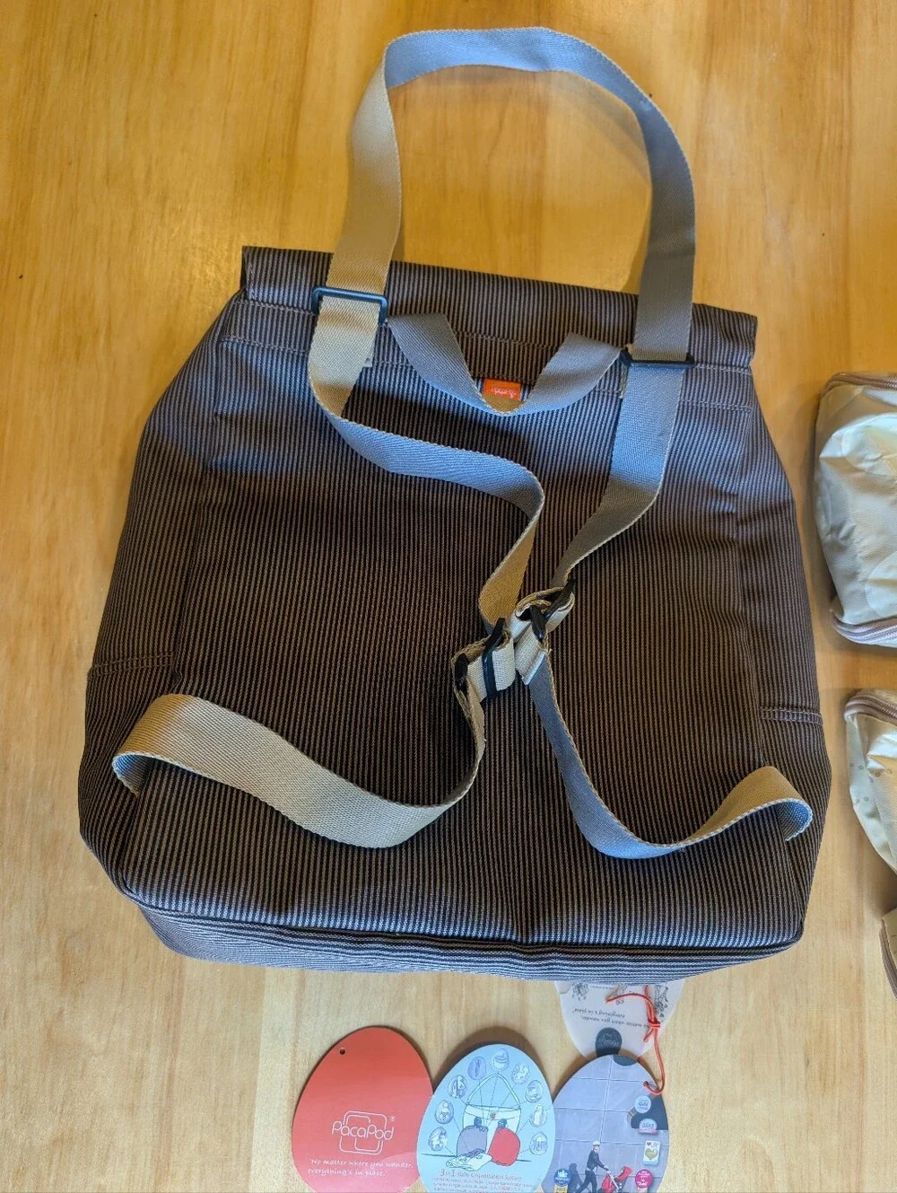 Packapod Brown Pinstripe Backpack with Cream Accessory Pouches
